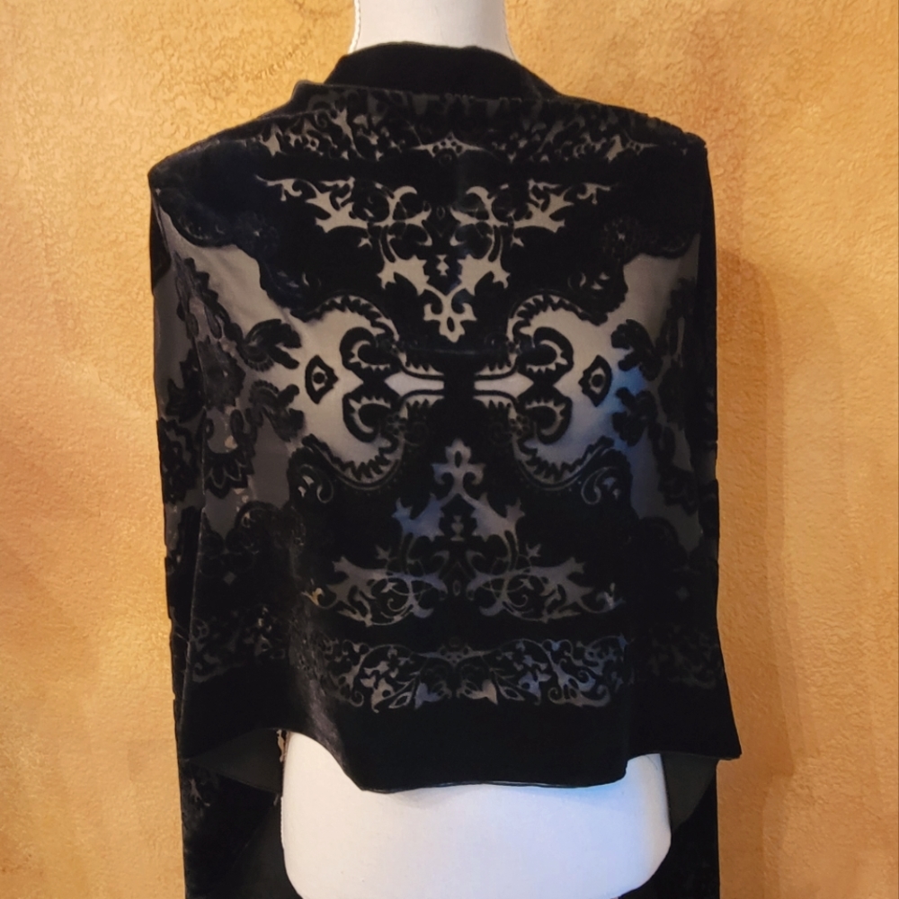 Black Shawl Velvet Burnout Detail 70"x20" with Fringe